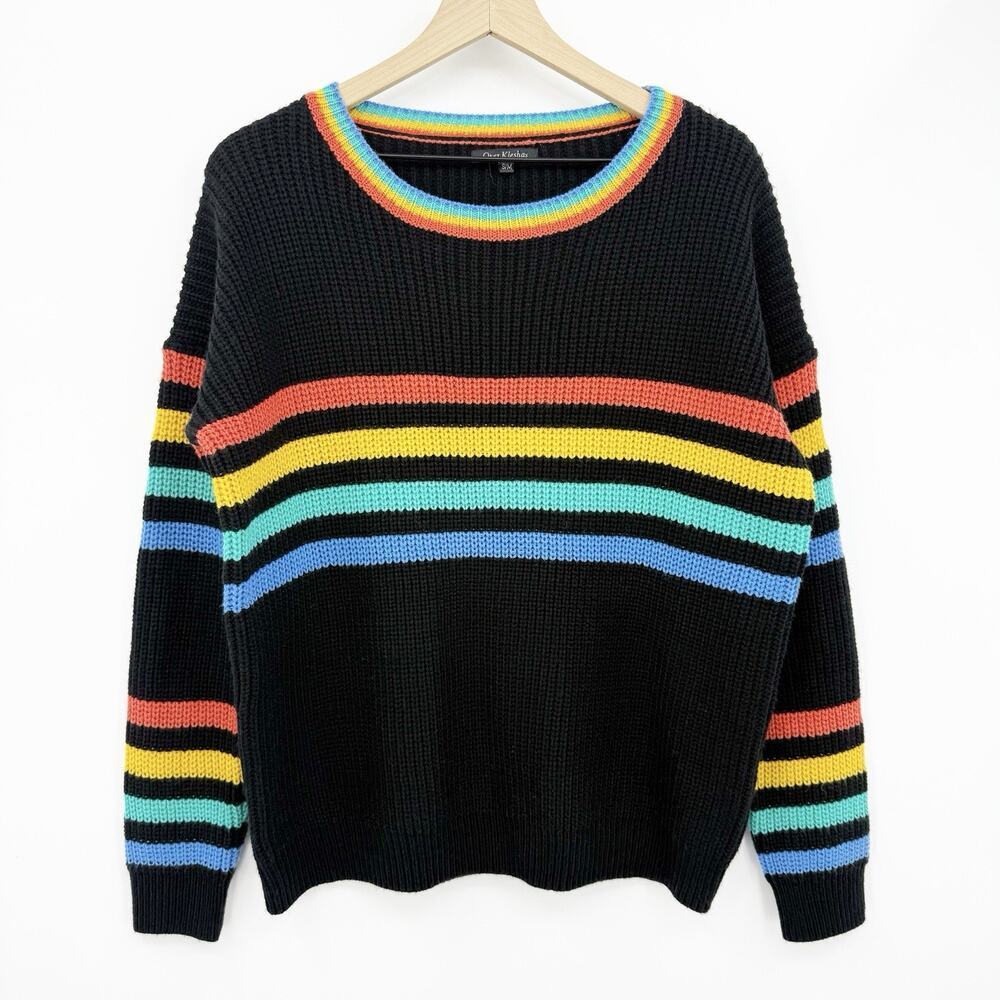 Rainbow Striped Sweater Black‎ Knit Pride Lgbtq Unisex Pullover S/M Cozy Winter